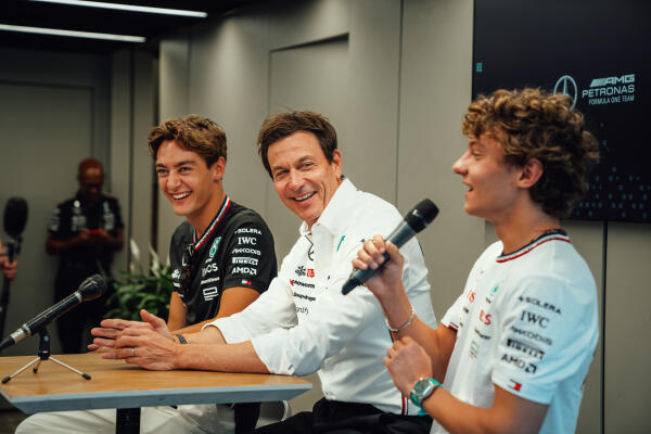 George Russell, Toto Wolff, Kimi Antonelli 2024